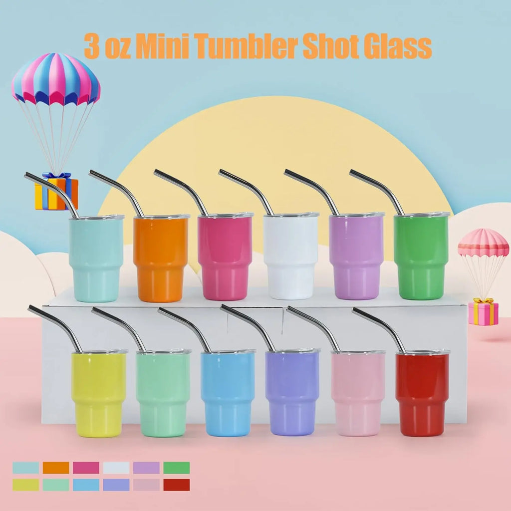 3 oz Mini Tumbler Shot Glass with Straw and Lid, 12 Pcs Sublimation Stainless Steel for Wedding Party Cocktail Bar