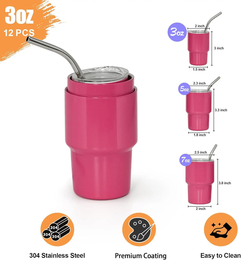 3 oz Mini Tumbler Shot Glass with Straw and Lid, 12 Pcs Sublimation Stainless Steel for Wedding Party Cocktail Bar